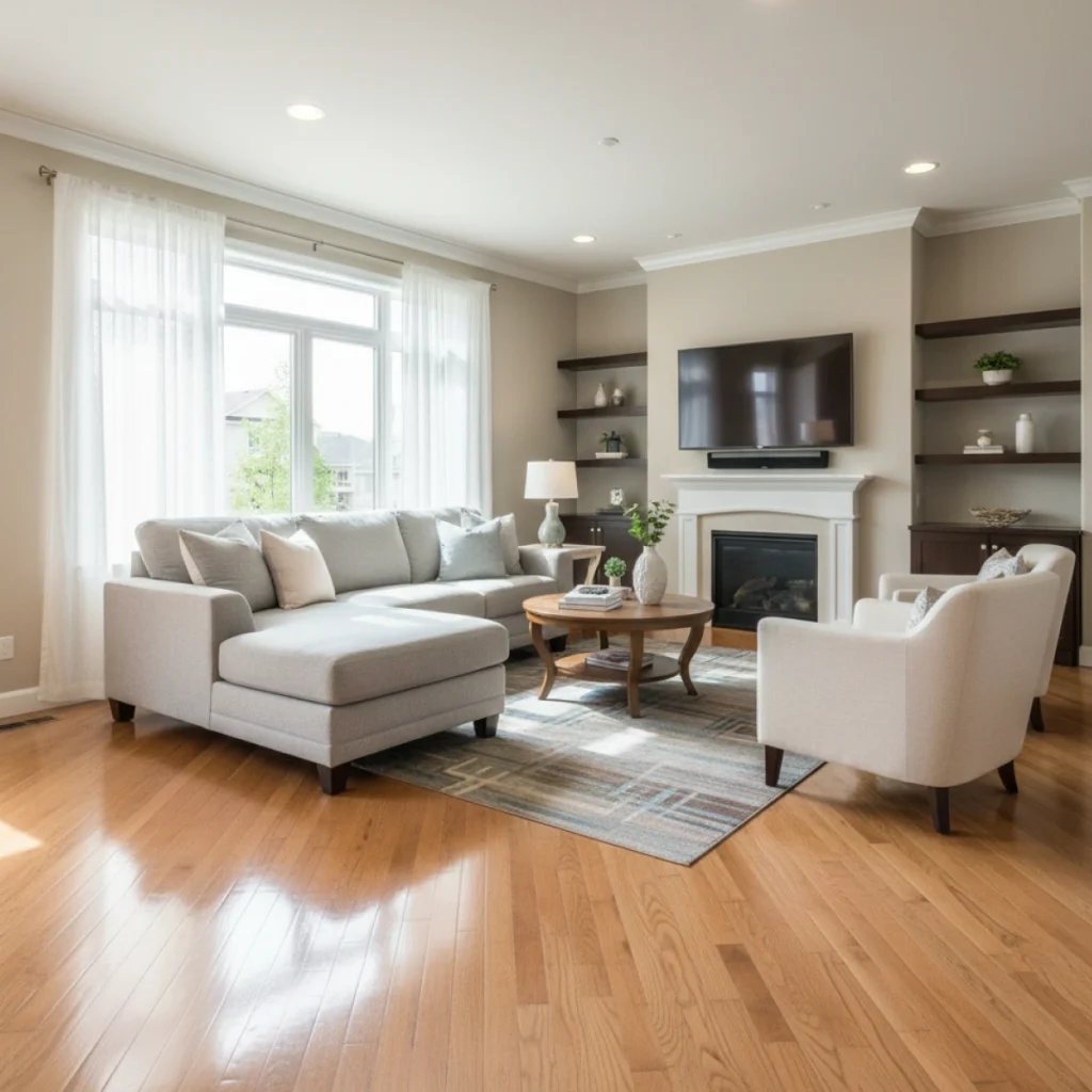Light gray sectional sofa and armchairs around wooden coffee table on rug in living room with fireplace and TV
