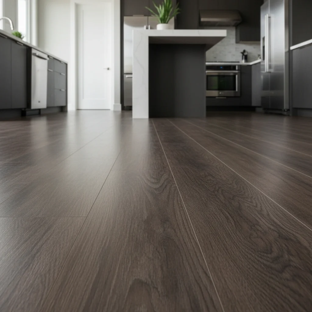 dark wood laminate flooring with gray kitchen cabinets and stainless steel appliances in modern kitchen